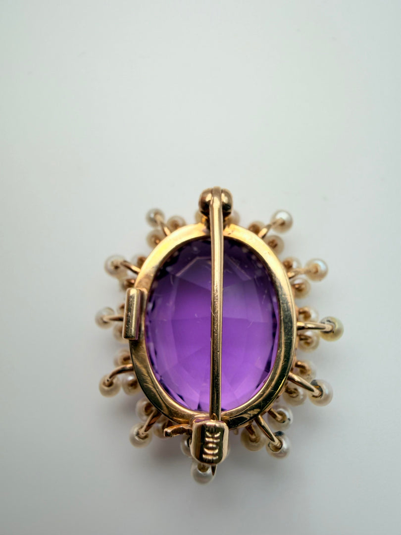 14Kt Rose Gold Pin/Pdt 18X15 Amethyst With 37 Pearls