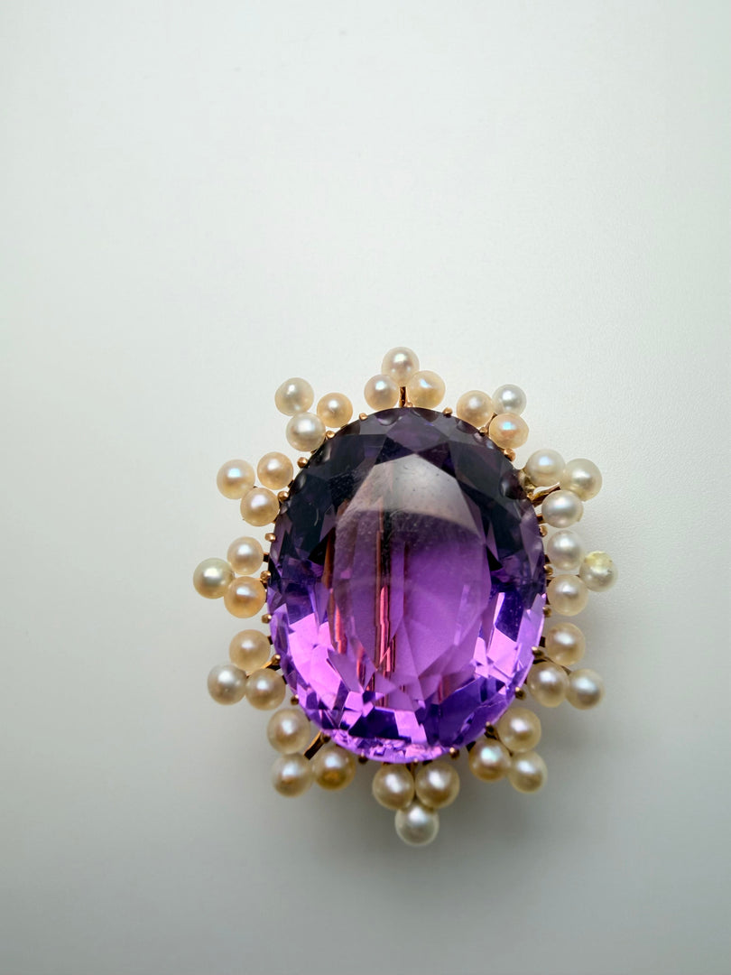 14Kt Rose Gold Pin/Pdt 18X15 Amethyst With 37 Pearls