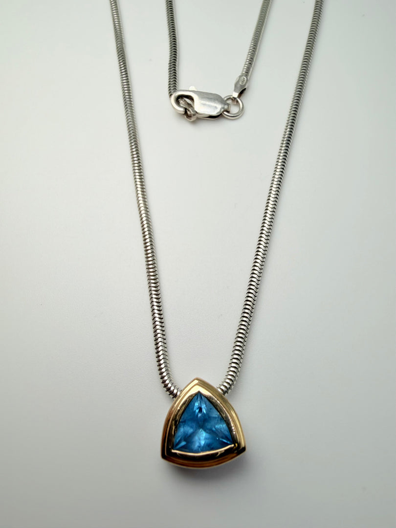 John Atencio Silver 18" Snake Chain With 7Mm Trillion Cut Blue Topaz Stone 14Kt Yellow Gold&Sterling Silver Bezel
