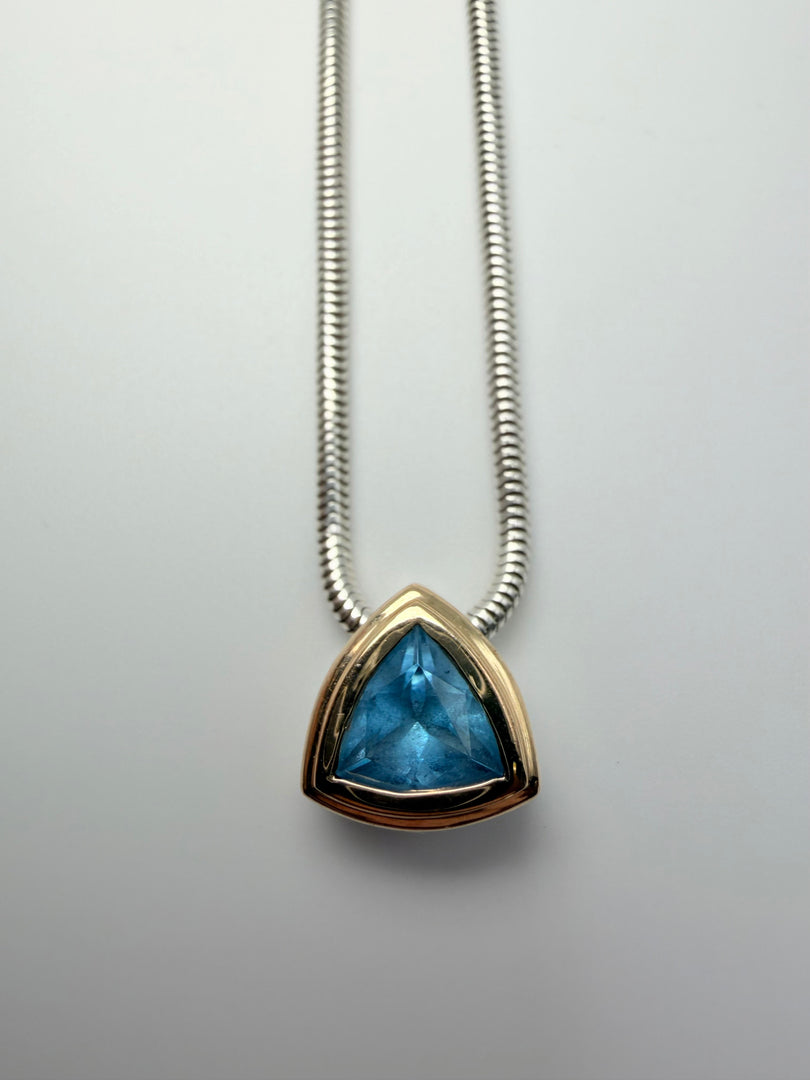John Atencio Silver 18" Snake Chain With 7Mm Trillion Cut Blue Topaz Stone 14Kt Yellow Gold&Sterling Silver Bezel