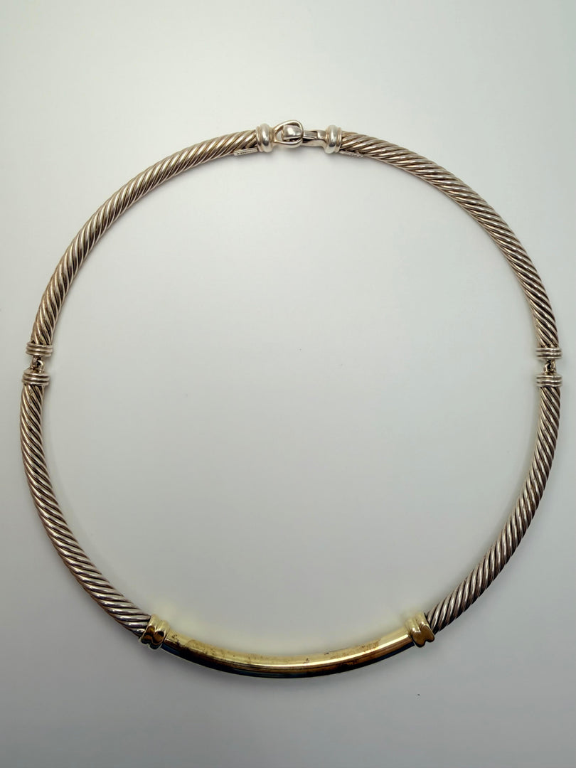 John Atencio 18Kt Yellow Gold  And Sterling Silver Cable Necklace With 5 Round Flush Set Diamonds