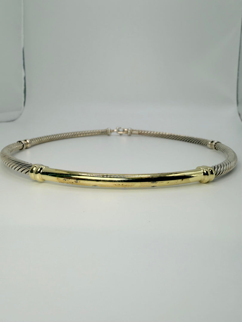 John Atencio 18Kt Yellow Gold  And Sterling Silver Cable Necklace With 5 Round Flush Set Diamonds