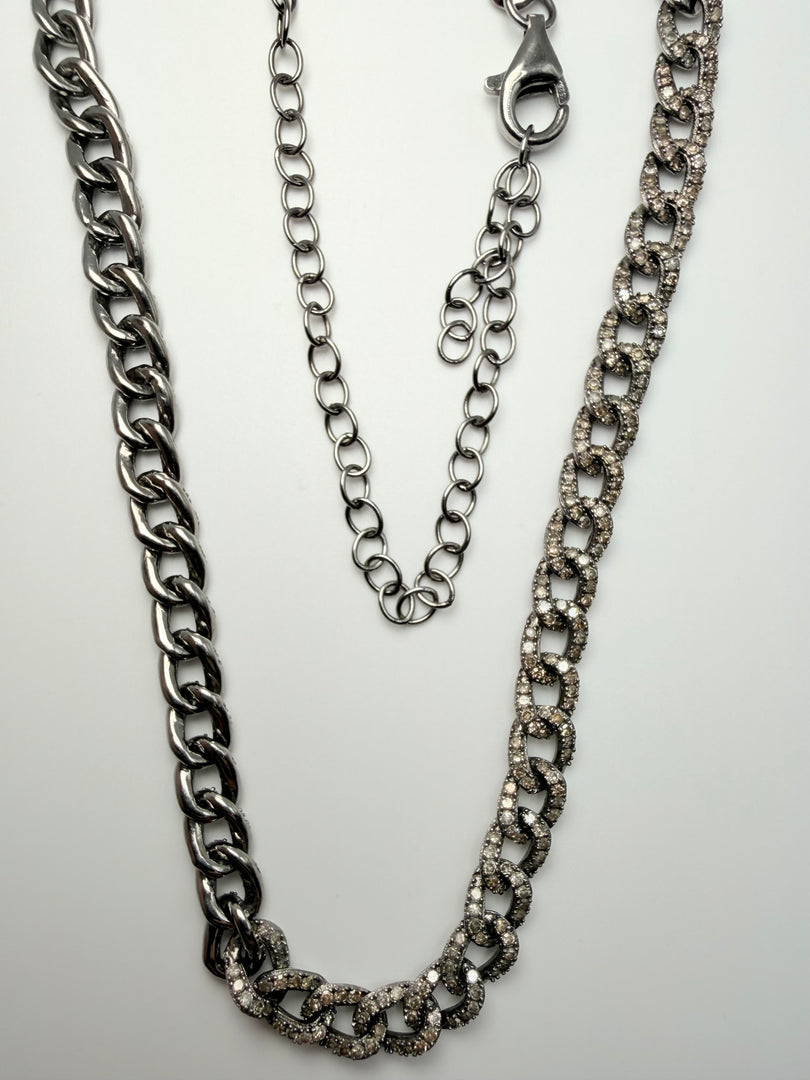 Sterling Silver 15" Oxidized Necklace With Light Brown Single Cut Diamonds
