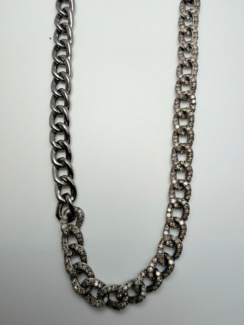 Sterling Silver 15" Oxidized Necklace With Light Brown Single Cut Diamonds