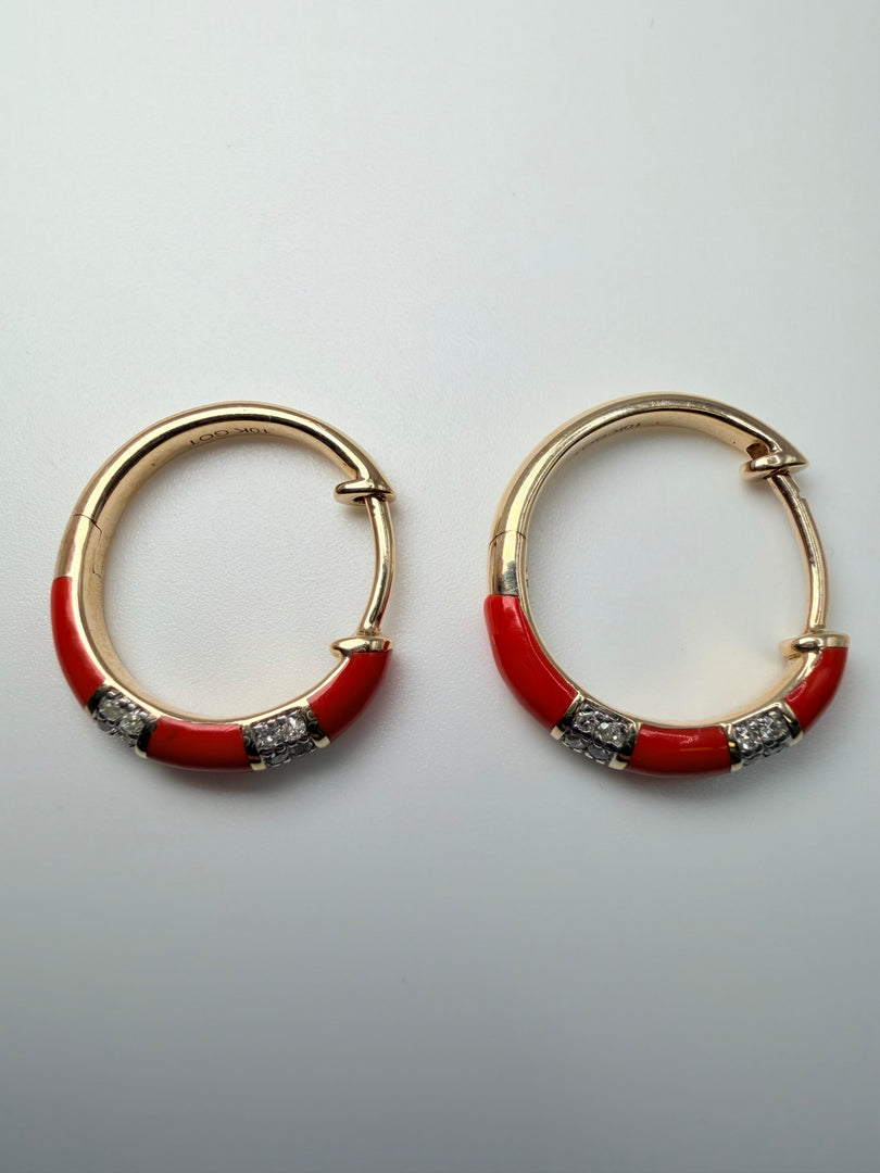 10Kt Yellow Gold .12Ct Diamond And Red Enamel 15Mm Huggies