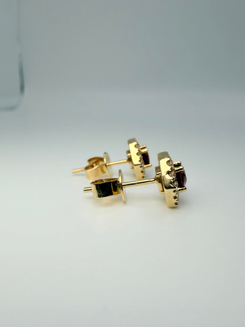 14Kt Yellow Gold Round .57Ct Ruby With 1/6Tw Diamond Earrings (24974115)