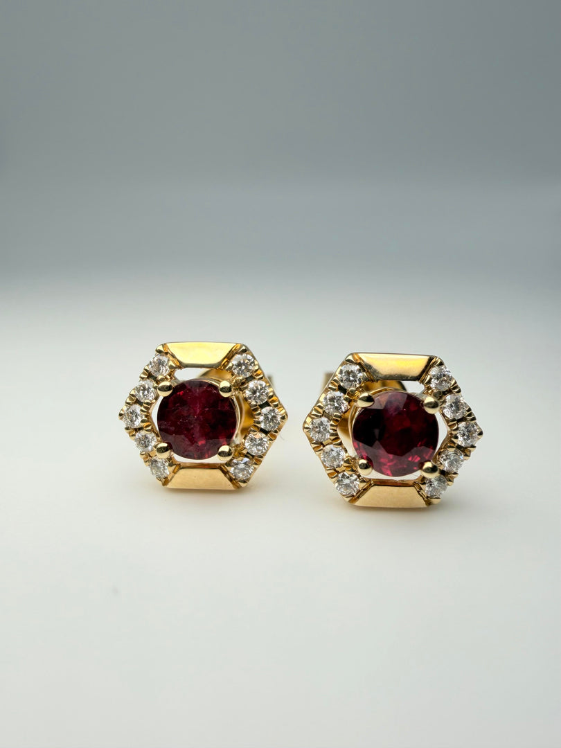 14Kt Yellow Gold Round .57Ct Ruby With 1/6Tw Diamond Earrings (24974115)