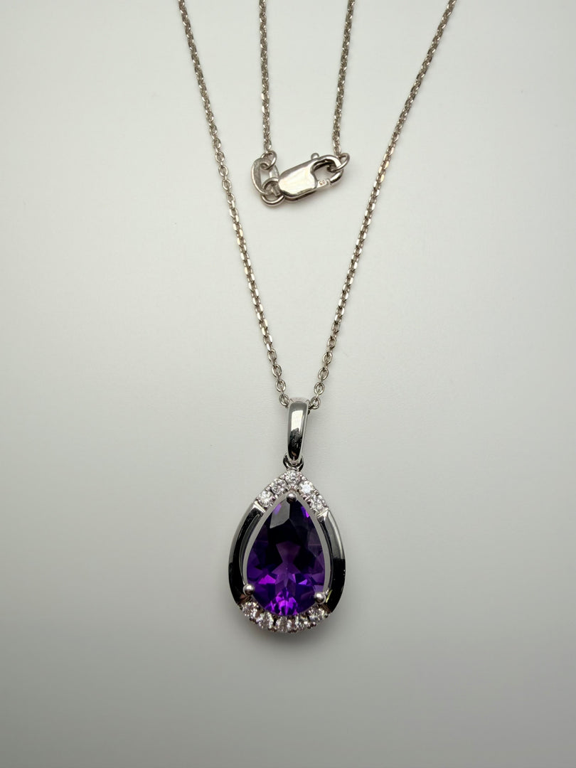 14Kt White Gold 1.76Ct Pear Amethyst And 1/8Tw Diamond Pendant (25356007)