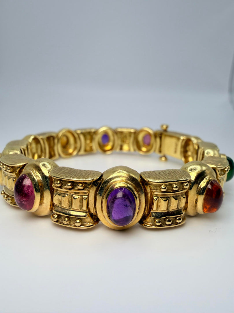 18Kt Yellow Gold Bracelet With Cabachon Bezel Set Multi Color Stones