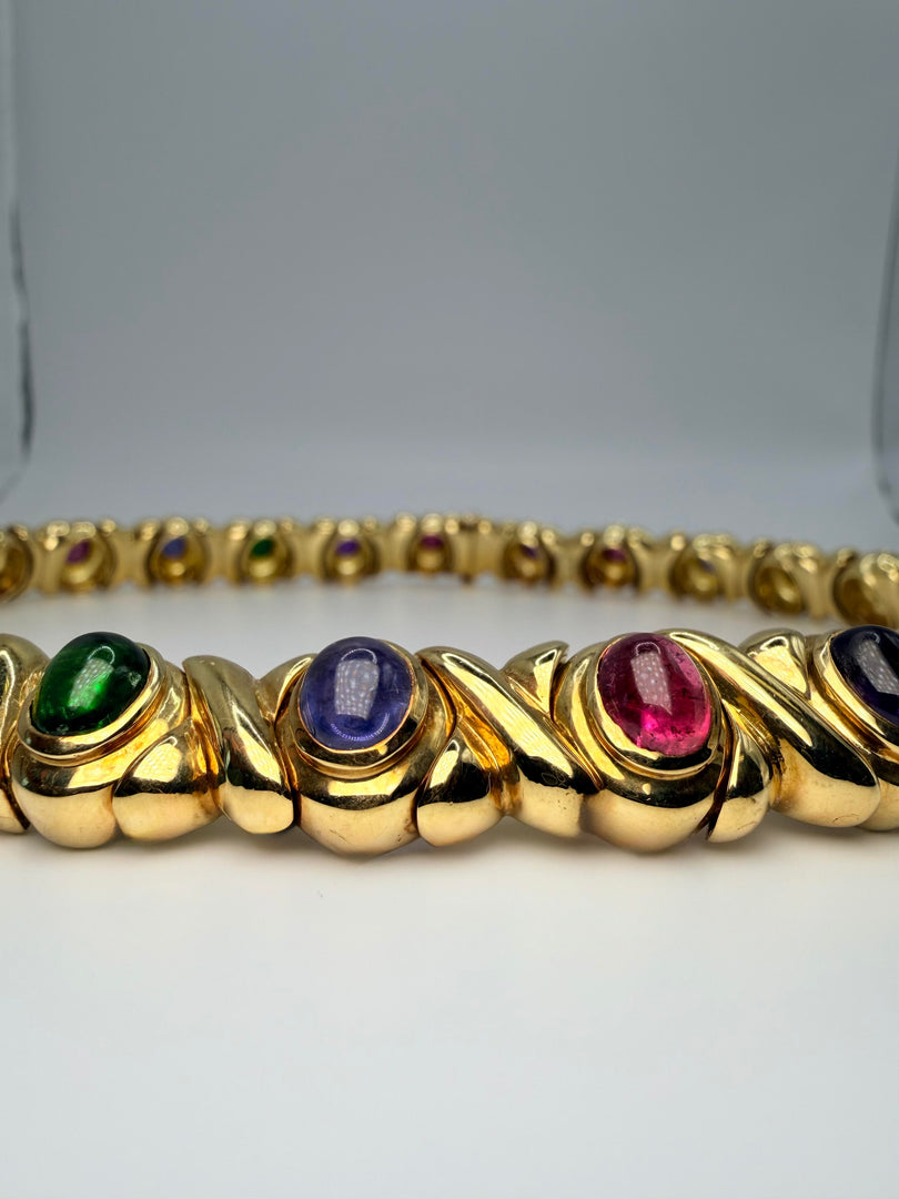 18Kt Yellow Gold Heavy 16" Necklace With Cabachon Bezel Set Stones Citrine-Amethyst-Iolite-Tourmaline-Peridot ( See Appraisal)