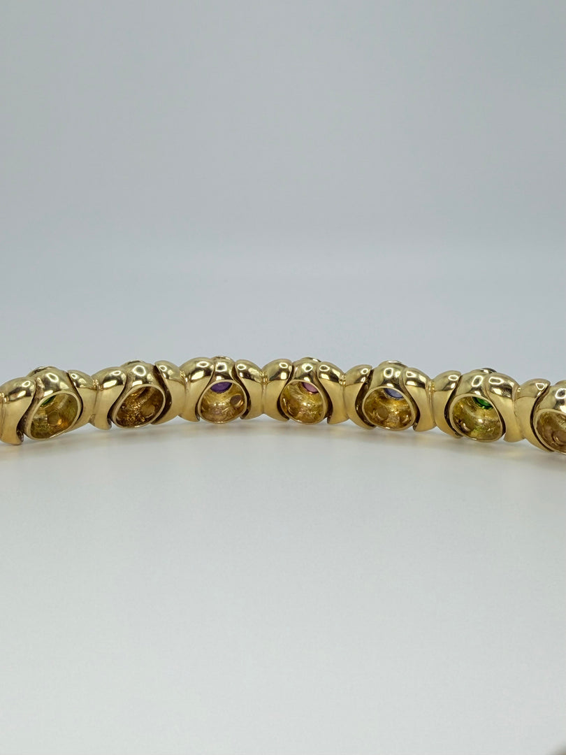 18Kt Yellow Gold Heavy 16" Necklace With Cabachon Bezel Set Stones Citrine-Amethyst-Iolite-Tourmaline-Peridot ( See Appraisal)