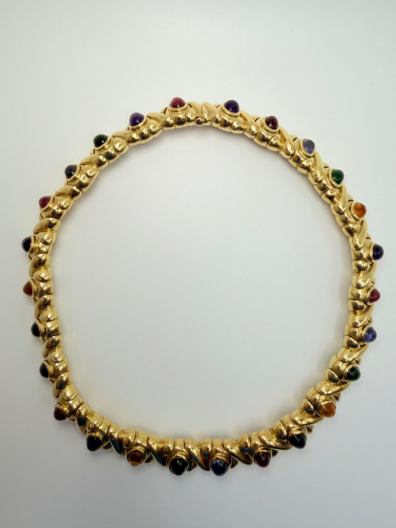 18Kt Yellow Gold Heavy 16" Necklace With Cabachon Bezel Set Stones Citrine-Amethyst-Iolite-Tourmaline-Peridot ( See Appraisal)