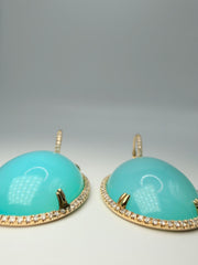 14Kt Yellow Gold Blue Chalcedony Dangle Earrings With Diamond Lever Backs .67CTW