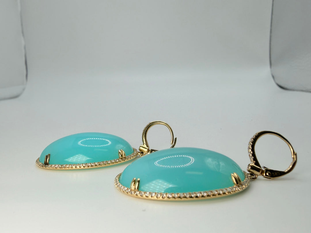 14Kt Yellow Gold Blue Chalcedony Dangle Earrings With Diamond Lever Backs .67CTW