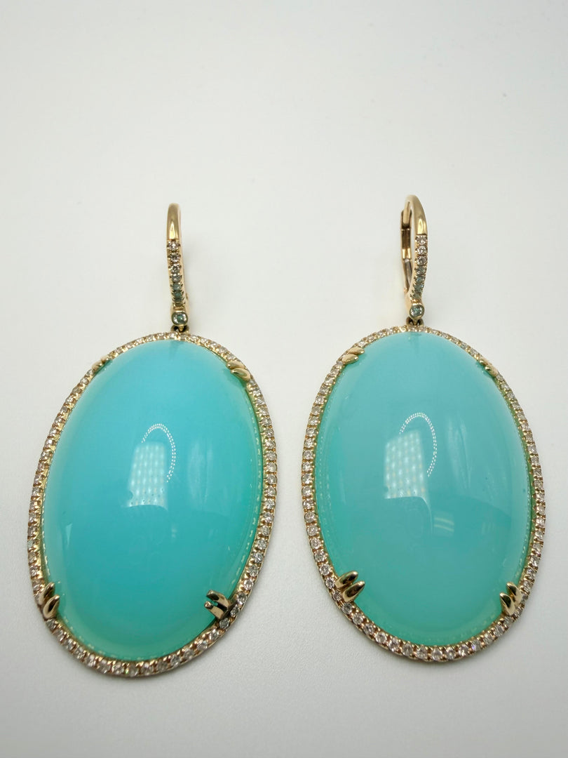 14Kt Yellow Gold Blue Chalcedony Dangle Earrings With Diamond Lever Backs .67CTW