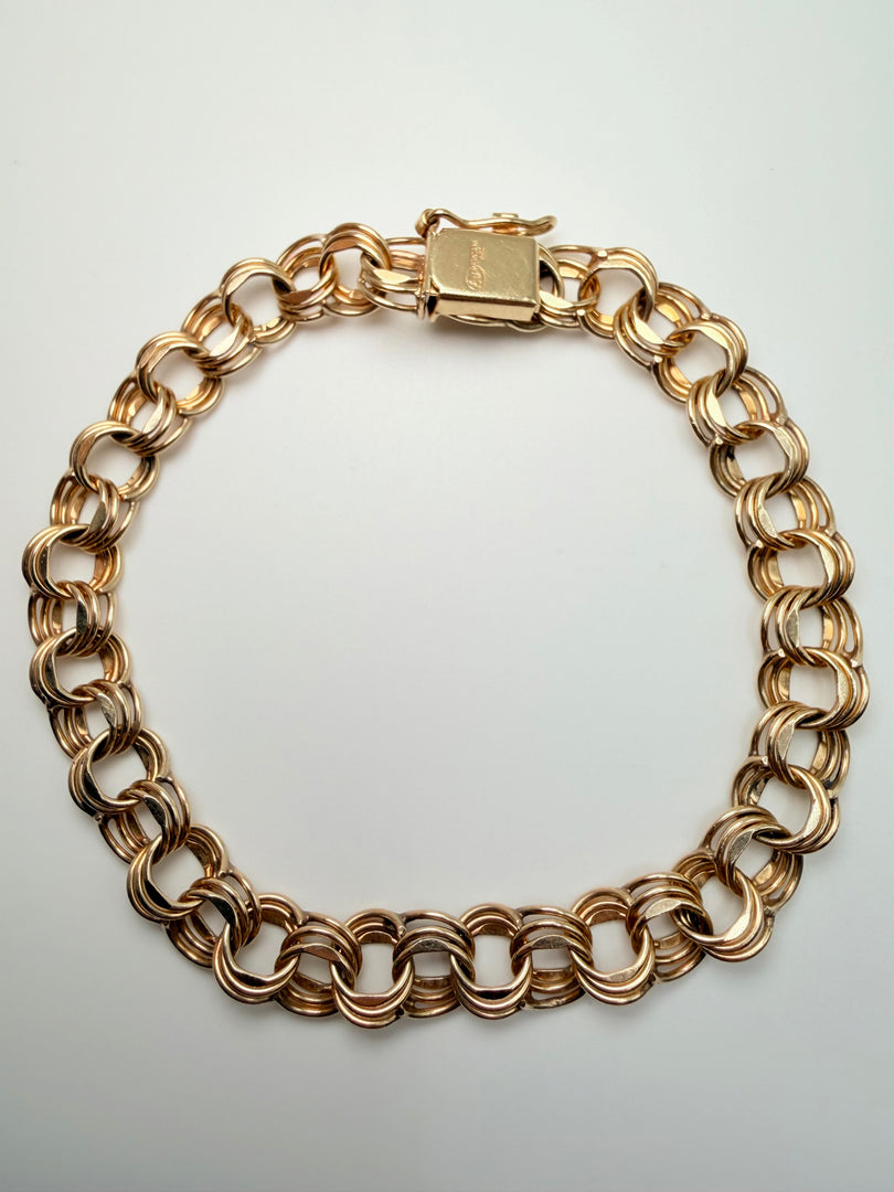 14Kt Yellow Gold Triple Link Charm Bracelet With Tonge Clasp