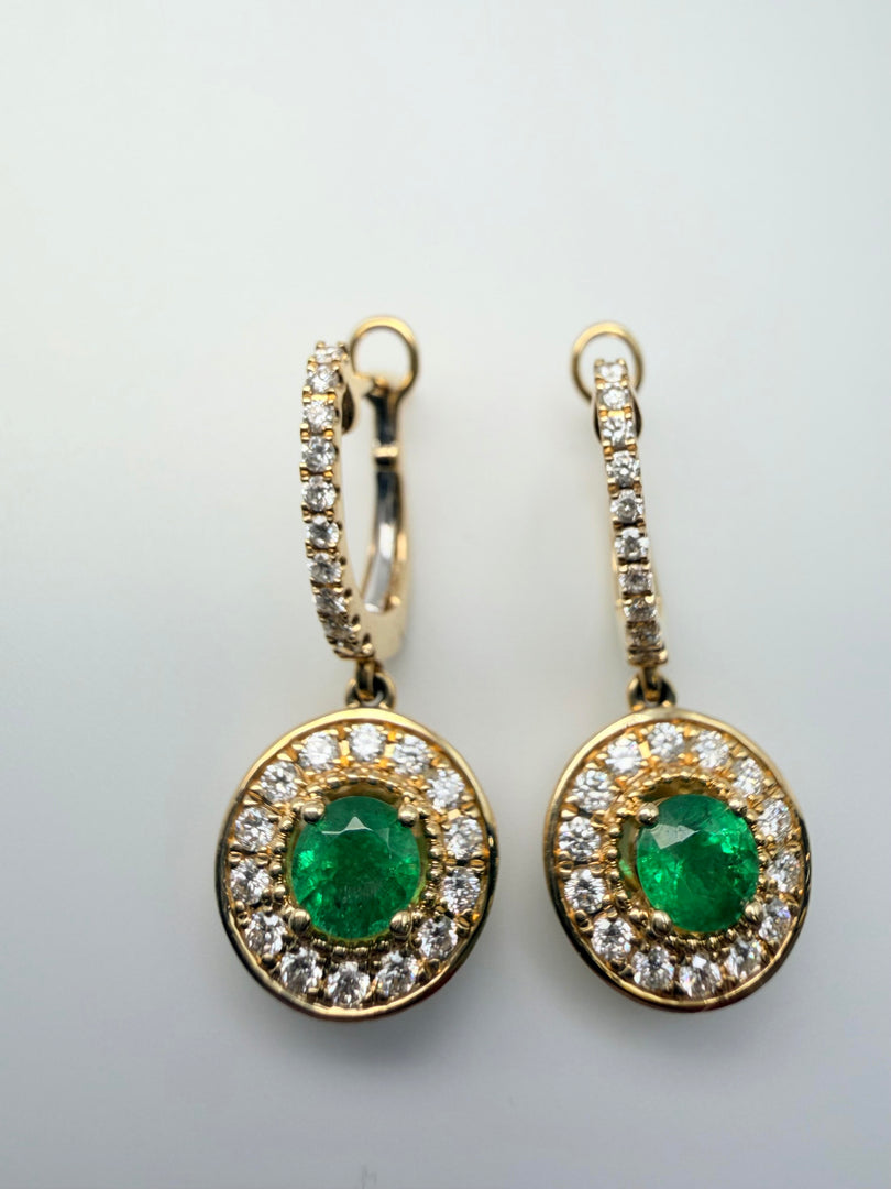 14Kt Yellow Gold .75Ct Round Emerald With .53Tw Diamond Halo/On Bail Diamonds Dangle Earrings (25136565)