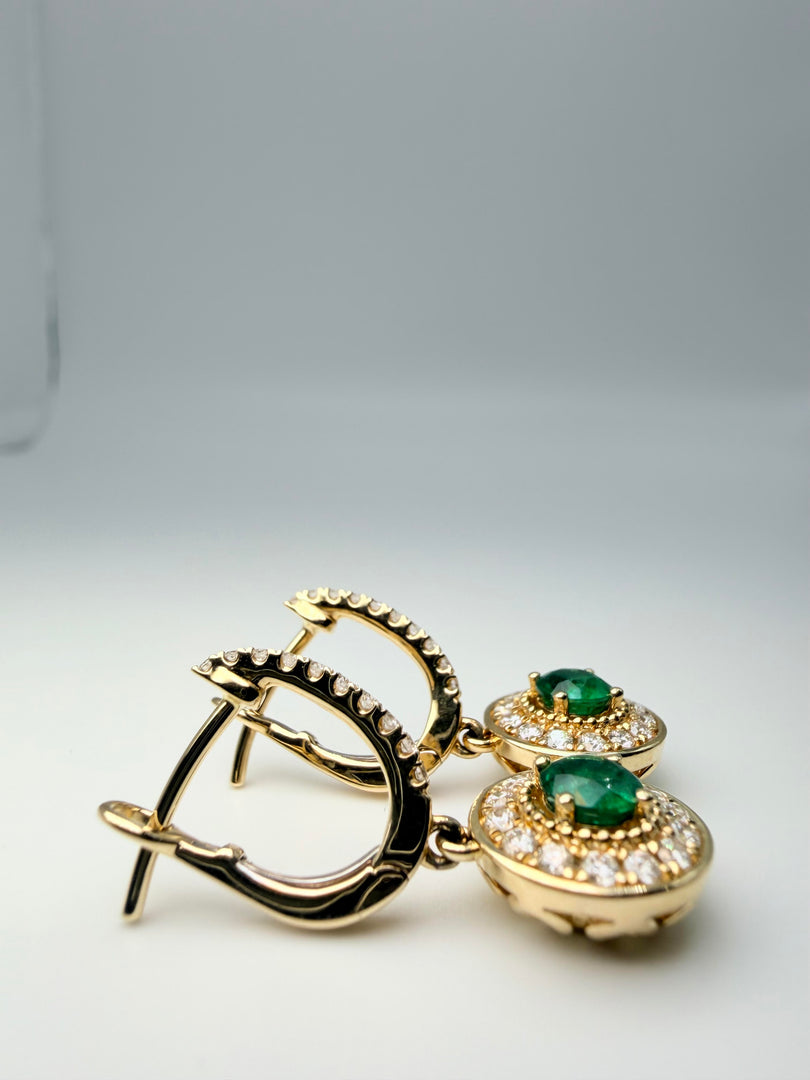 14Kt Yellow Gold .75Ct Round Emerald With .53Tw Diamond Halo/On Bail Diamonds Dangle Earrings (25136565)