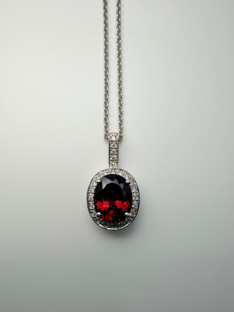 14Kt White Gold Oval Garnet Center With 1/8Tw Diamond Halo And On Bail Necklace (25328501)