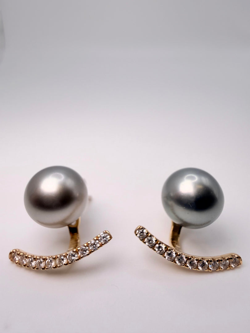8.5Mm Gray Pearl Stud Earrings With Platinum Setting And 14Kt White Gold Backs