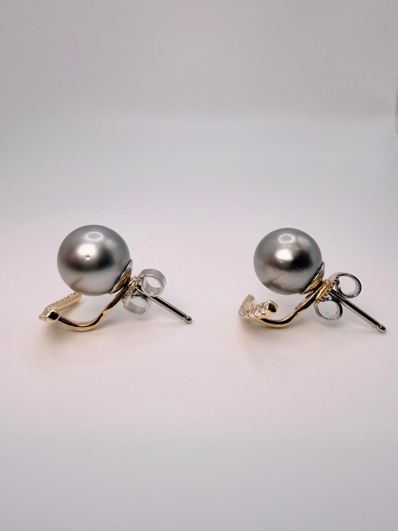 8.5Mm Gray Pearl Stud Earrings With Platinum Setting And 14Kt White Gold Backs