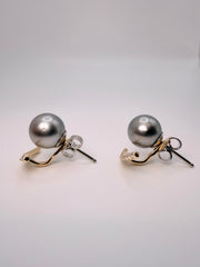 8.5Mm Gray Pearl Stud Earrings With Platinum Setting And 14Kt White Gold Backs