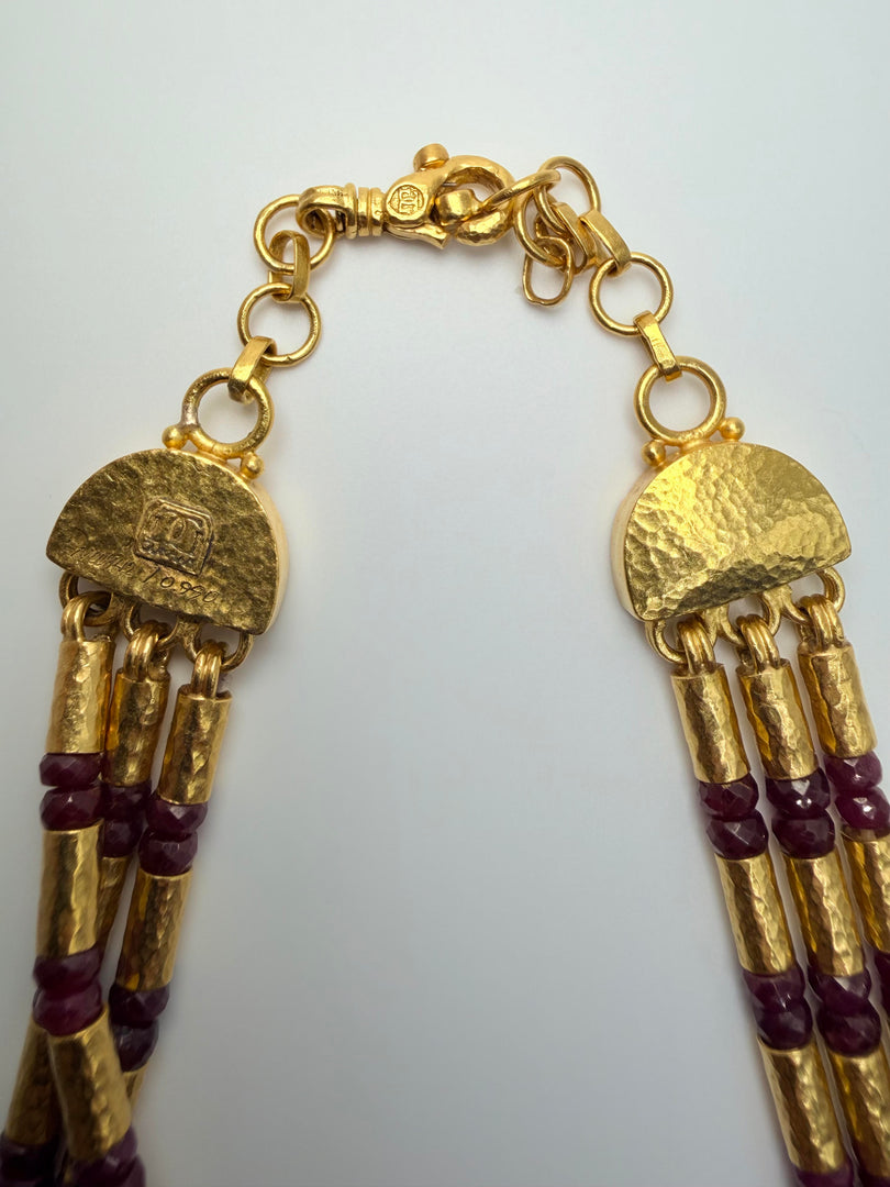 Gurhan Triple Strand Necklace In 24Kt Yellow Gold Featuring (.80Cts) Ruby Beads And Gold Gale Tubes. The Necklace "Vertigo" Is 15-17" Adjustable  With 22Kt Gold Handmade Clasp