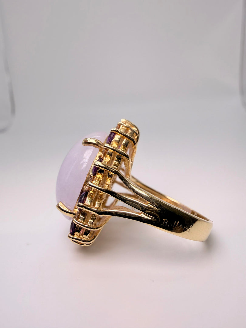 14Kt Yellow Gold Oval Lavender Jade Ring Size 6.5 With 10 Round 2.5Mm Amethyst And 10 Round Light Brown 2.5Mm Diamonds
