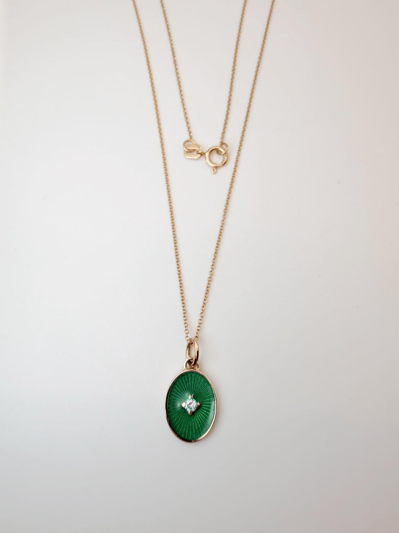 14Kt Yellow Gold Green Enamel Oval Sunburst Pendant With Diamond In Center With Chain (P0300Gem29G-Y-Wd)