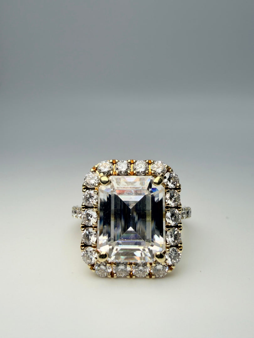 14Kyt Yellow Gold 3.37Ct "Forever One" Emerald Cut Moissanite Center Stone With Diamond Halo And Down The Band Totaling 0.95Cts G-Si