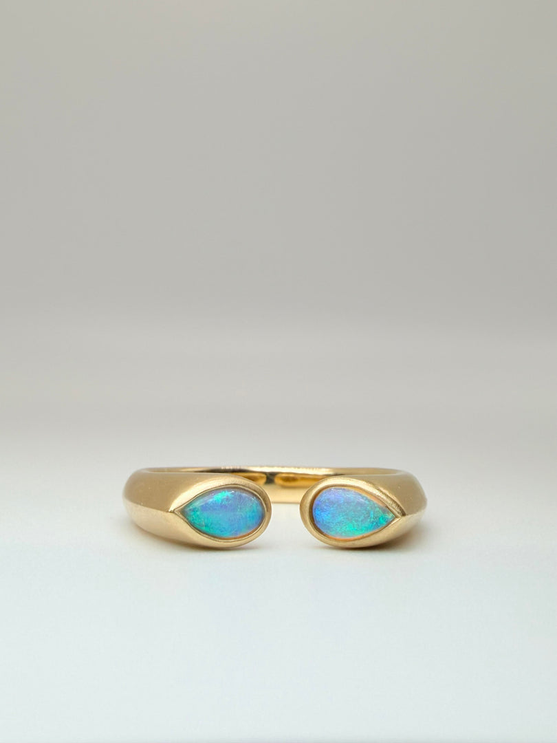 18Kt Yellow Gold 0.30Ct Two Pear Shaped Opal Ring Bezel-Set Satin Finish Sz 7.25