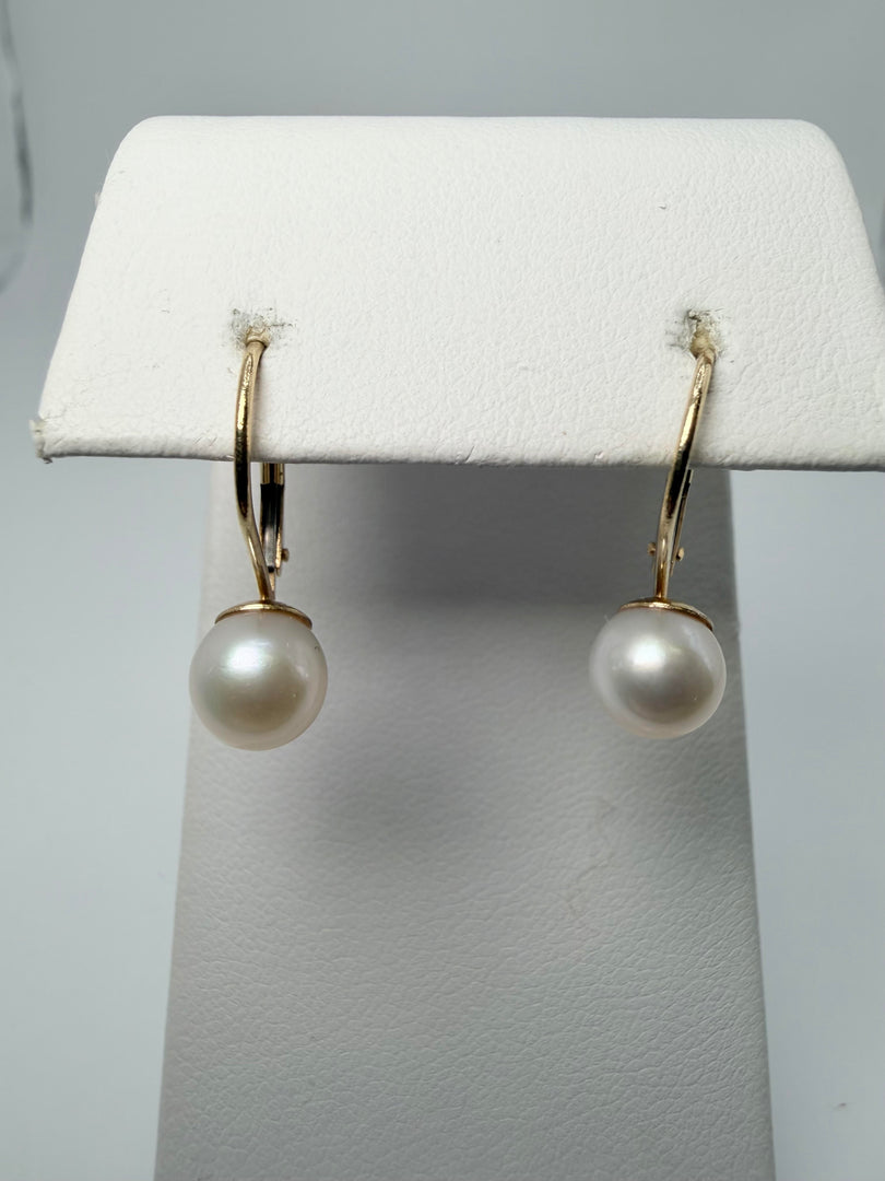 14Kt Yellow Gold Lever Back Earrings With 7Mm Half Drilled A Cultured White Akoya Pearls