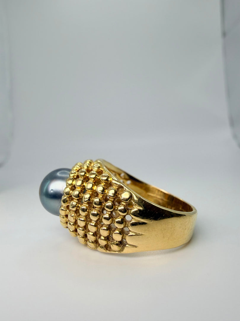 18Kt Yellow Gold 12Mm Tahitian Pearl Beaded Style Ring Size 8.5
