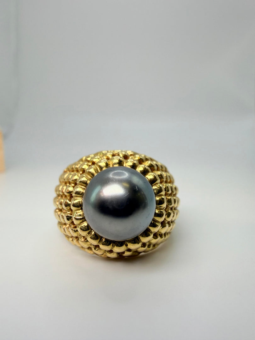 18Kt Yellow Gold 12Mm Tahitian Pearl Beaded Style Ring Size 8.5