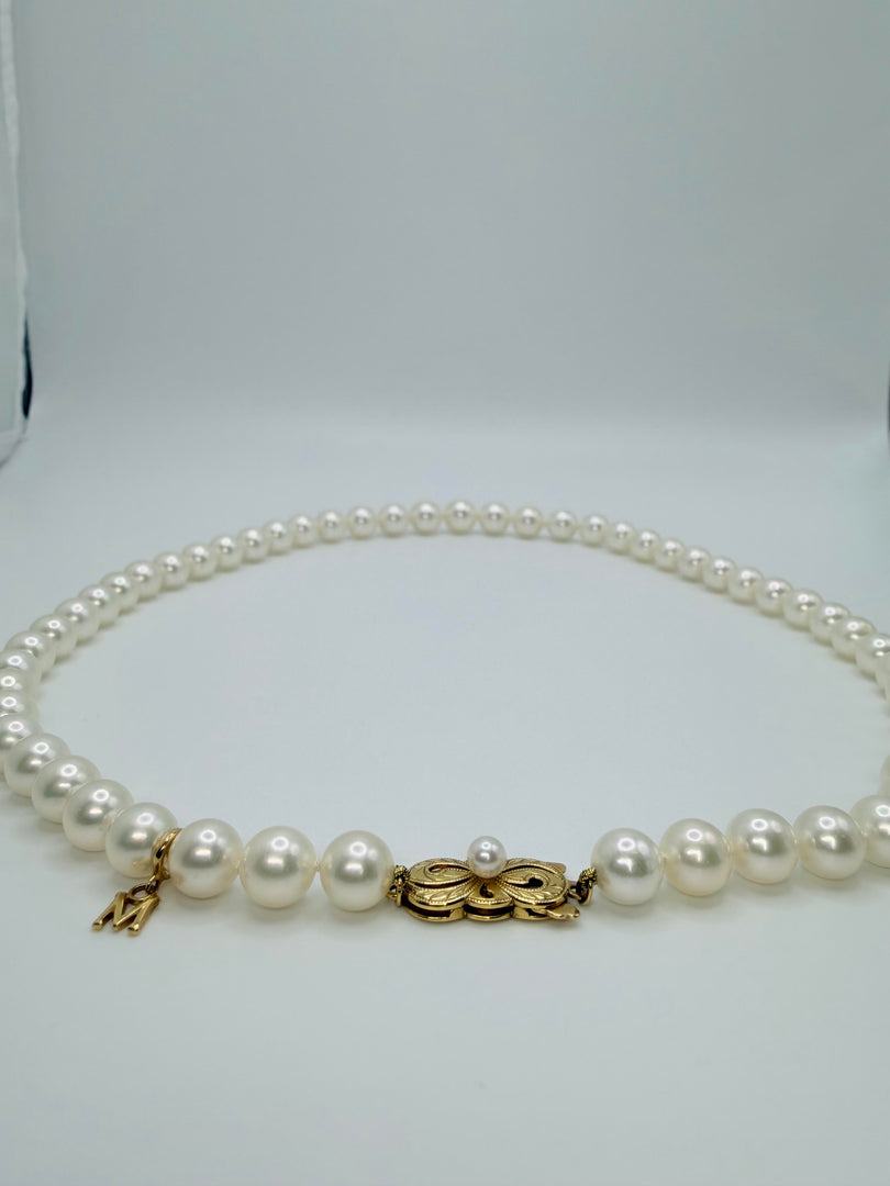 Mikimoto 9-6.8Mm Graduated Akoya Pearl Strand Necklace With 55 Pearls And Signature Designer Emblem In 18Kt Yellow Gold