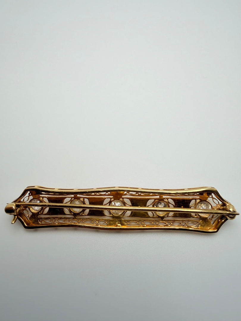 14Kt Yellow Gold Filagree Bar Pin With 5 Old European Diamonds That Total 1.26Cts J-K Si