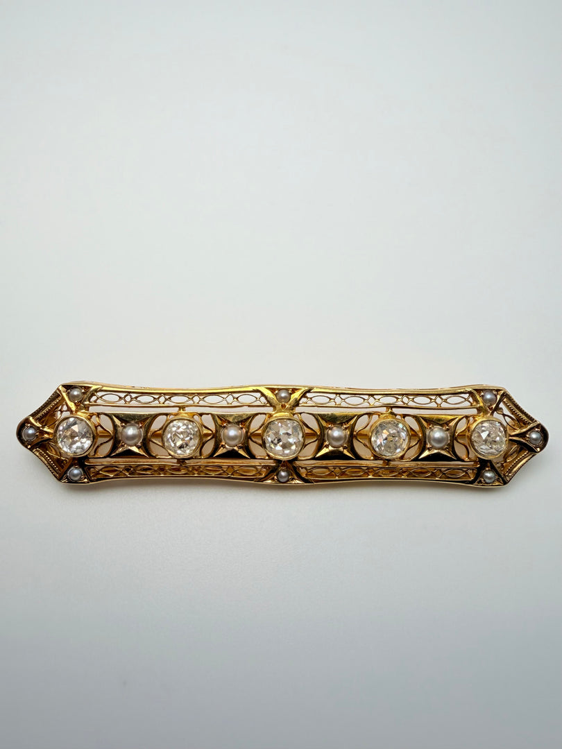 14Kt Yellow Gold Filagree Bar Pin With 5 Old European Diamonds That Total 1.26Cts J-K Si