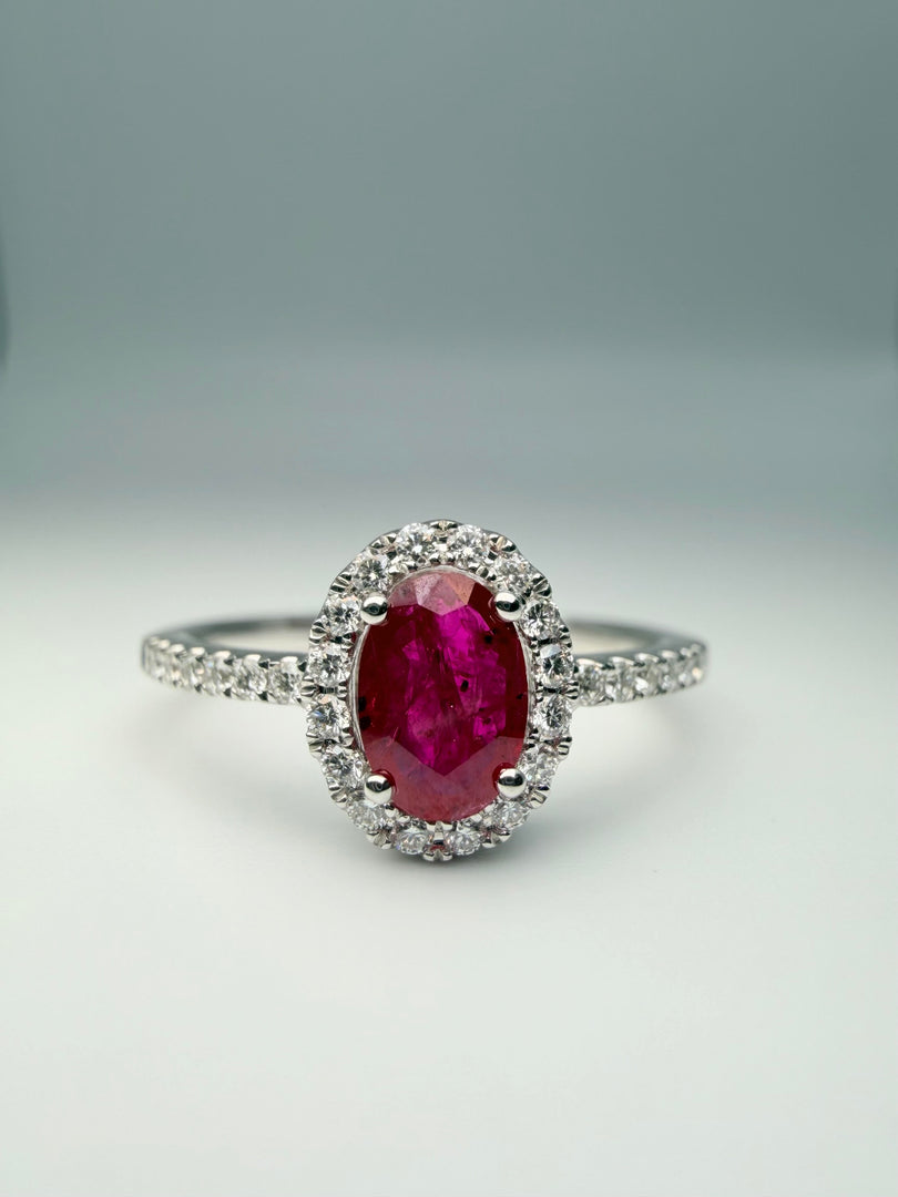 14Kt White Gold 0.49Ct Oval Ruby And 1/5Tw Diamond Halo And Down The Band Ring (25332636)