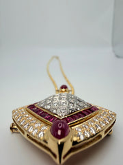 18Kt Yellow Gold Diamond And Ruby Pendant On A 19 Inch Faceted Ball Chain. (See Appraisal For Stone Info)