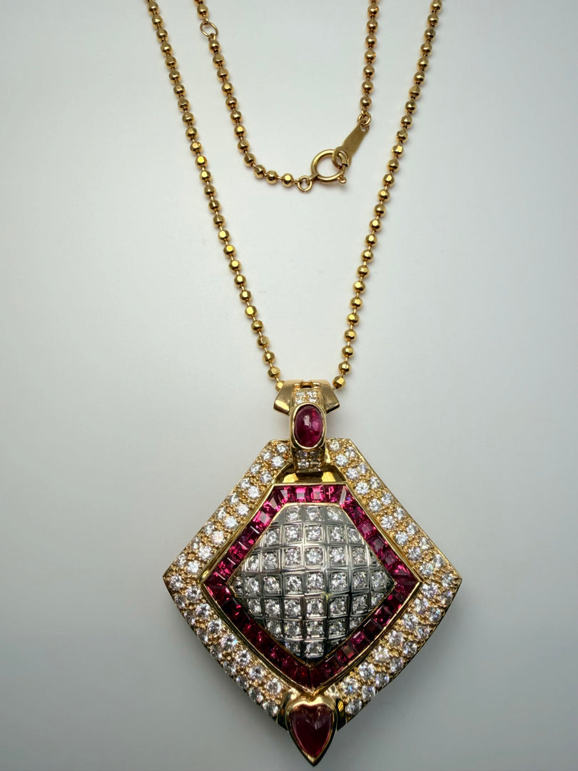 18Kt Yellow Gold Diamond And Ruby Pendant On A 19 Inch Faceted Ball Chain. (See Appraisal For Stone Info)