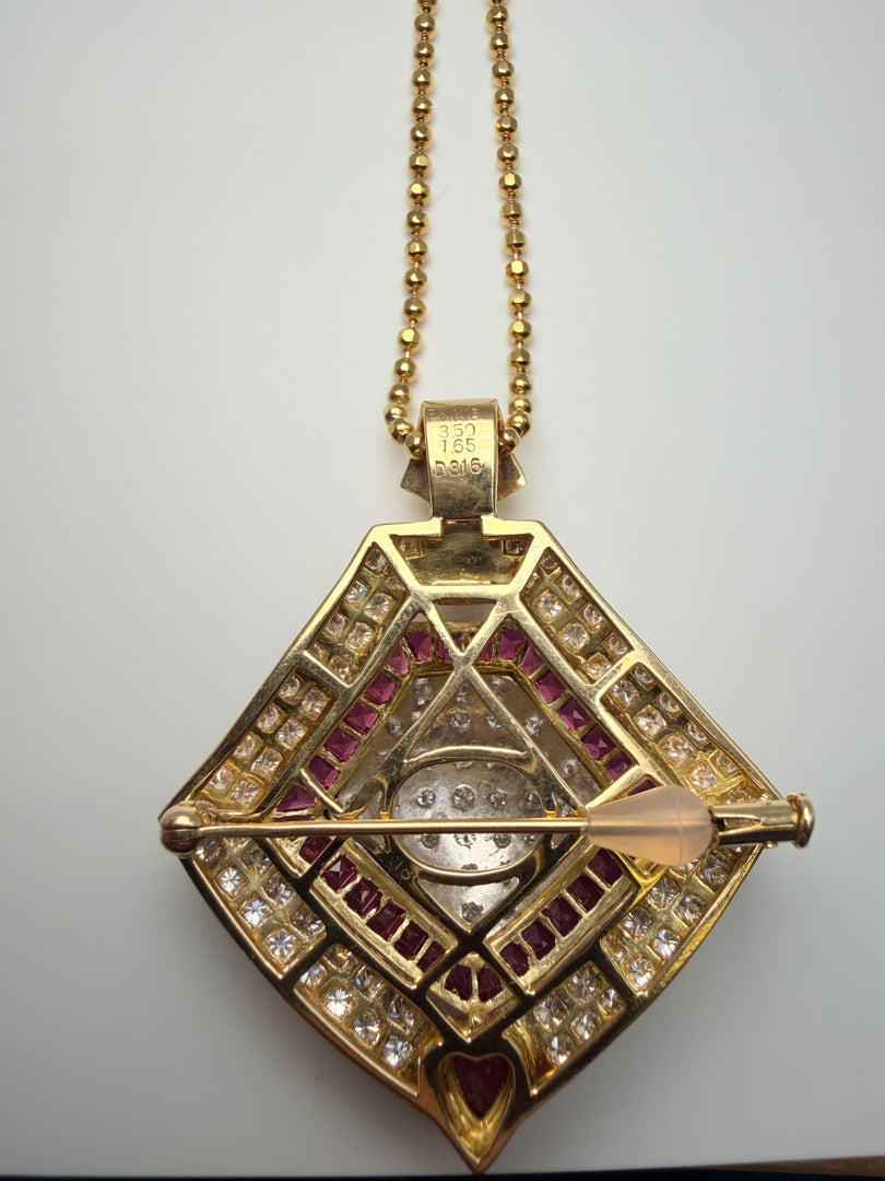 18Kt Yellow Gold Diamond And Ruby Pendant On A 19 Inch Faceted Ball Chain. (See Appraisal For Stone Info)
