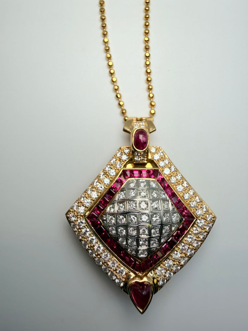 18Kt Yellow Gold Diamond And Ruby Pendant On A 19 Inch Faceted Ball Chain. (See Appraisal For Stone Info)