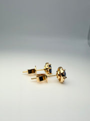 14Kt Yellow Gold Round Sapphire .81Ct With Diamond Halo 1/5Tw Stud Earrings