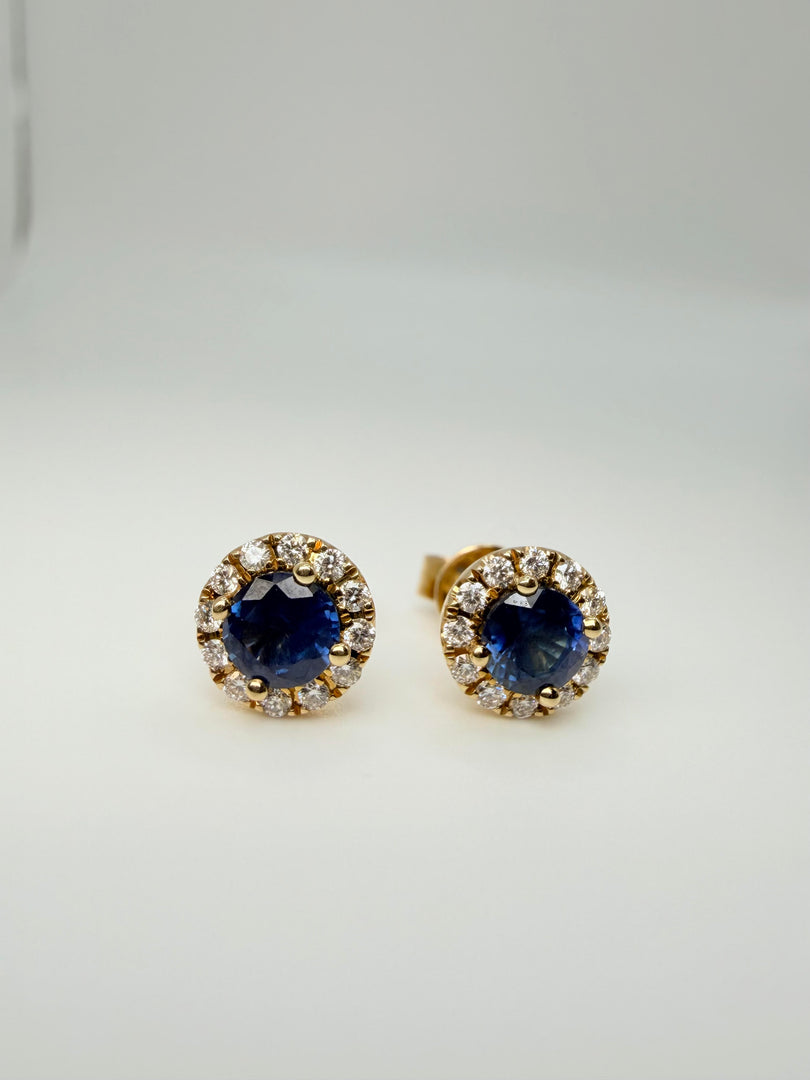 14Kt Yellow Gold Round Sapphire .81Ct With Diamond Halo 1/5Tw Stud Earrings