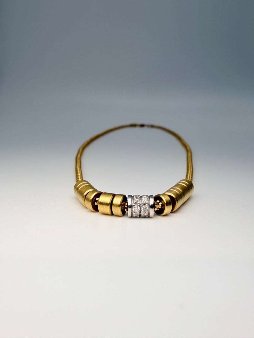 18Kt Yellow Gold Textured Chain With Sliding Satin Finished Beads Center Has Small Diamonds 17"