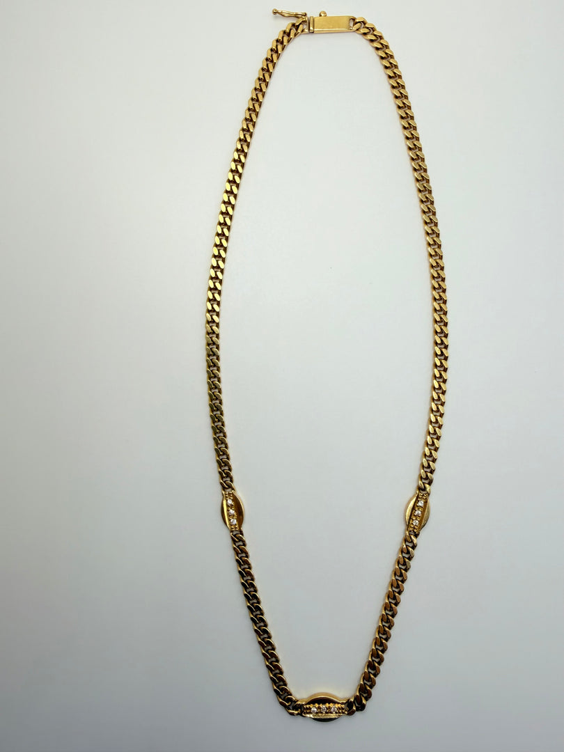 18Kt Yellow Gold Station Necklace With 3 Oval Sections With Melee Stones 16"