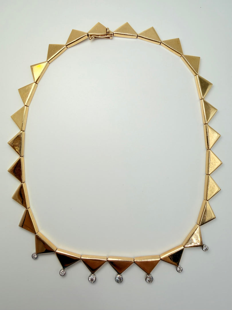 14Kt Yellow Gold Triangle Collar Necklace With 7 Round Brilliant Diamonds Totalling Approximately 0.69CTW (See Appraisal)